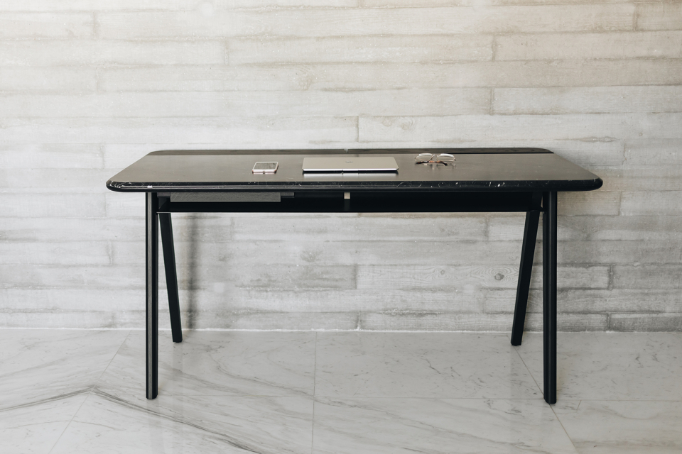 Draft Desk Nero Marquina marble and River Black Oak, by Maam Home. Desk furniture detail. 