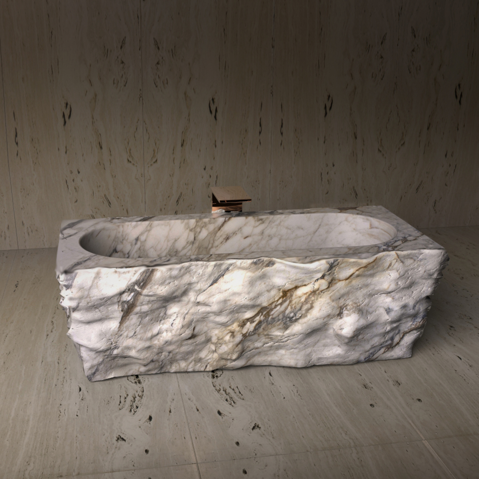 Pfeiffer bathtub carved in Calacatta marble block 