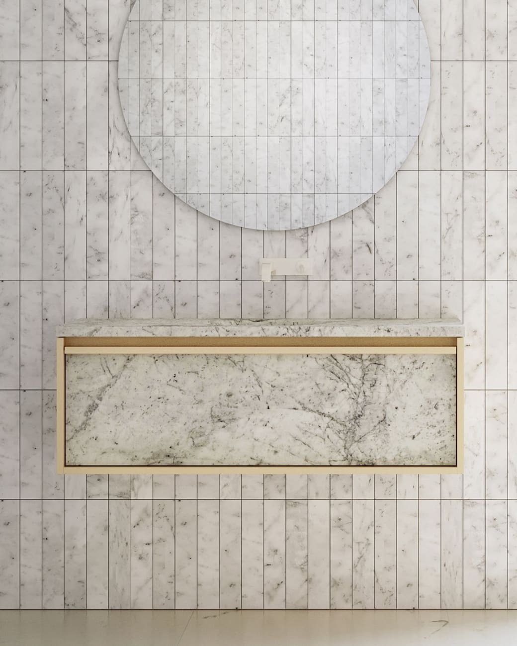 NORDIC WALL-MOUNTED washbasin in Carrara marble against a marble-tiled wall