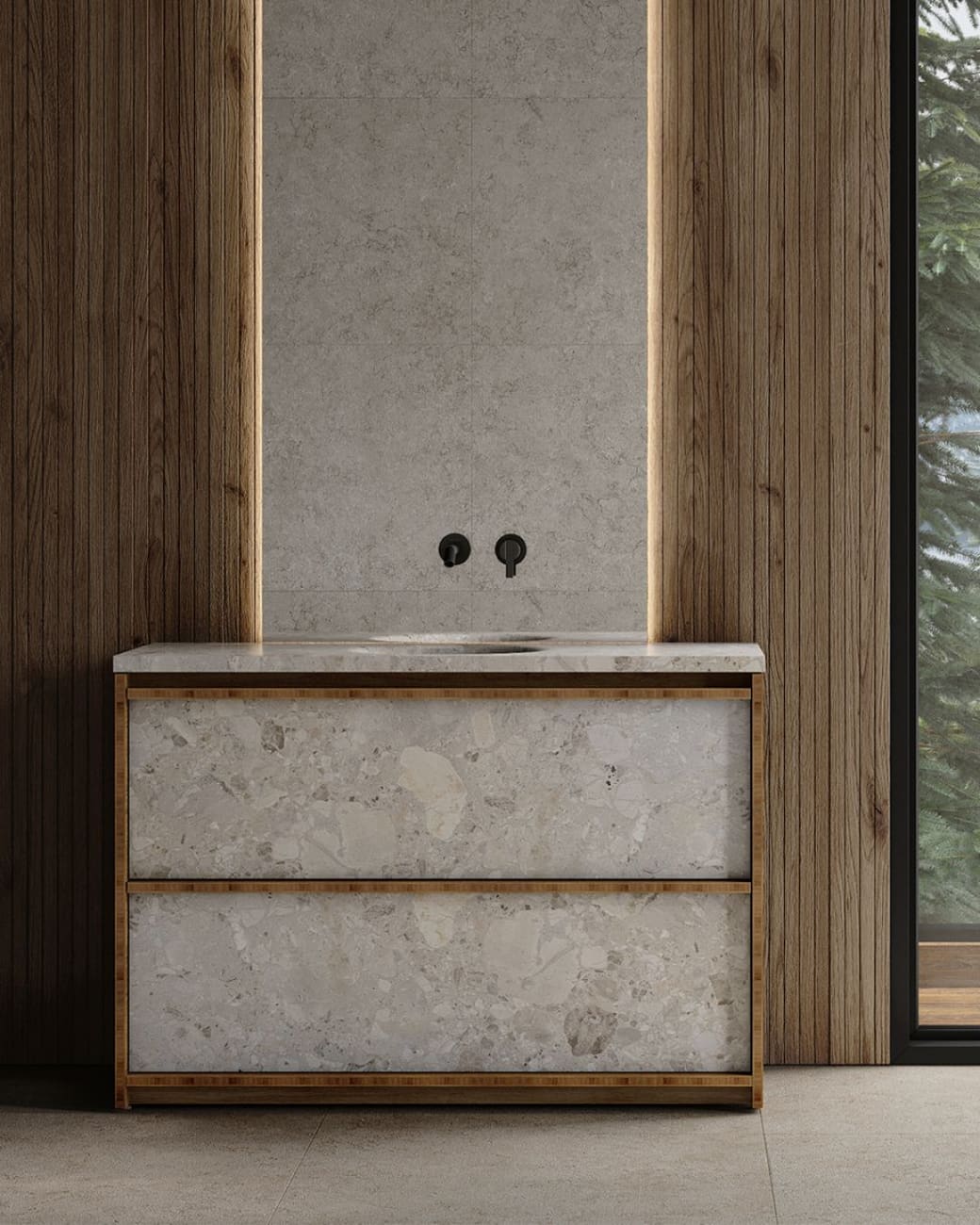 NORDIC WOOD washbasin in Kunis Brescia with a bamboo frame and two drawers