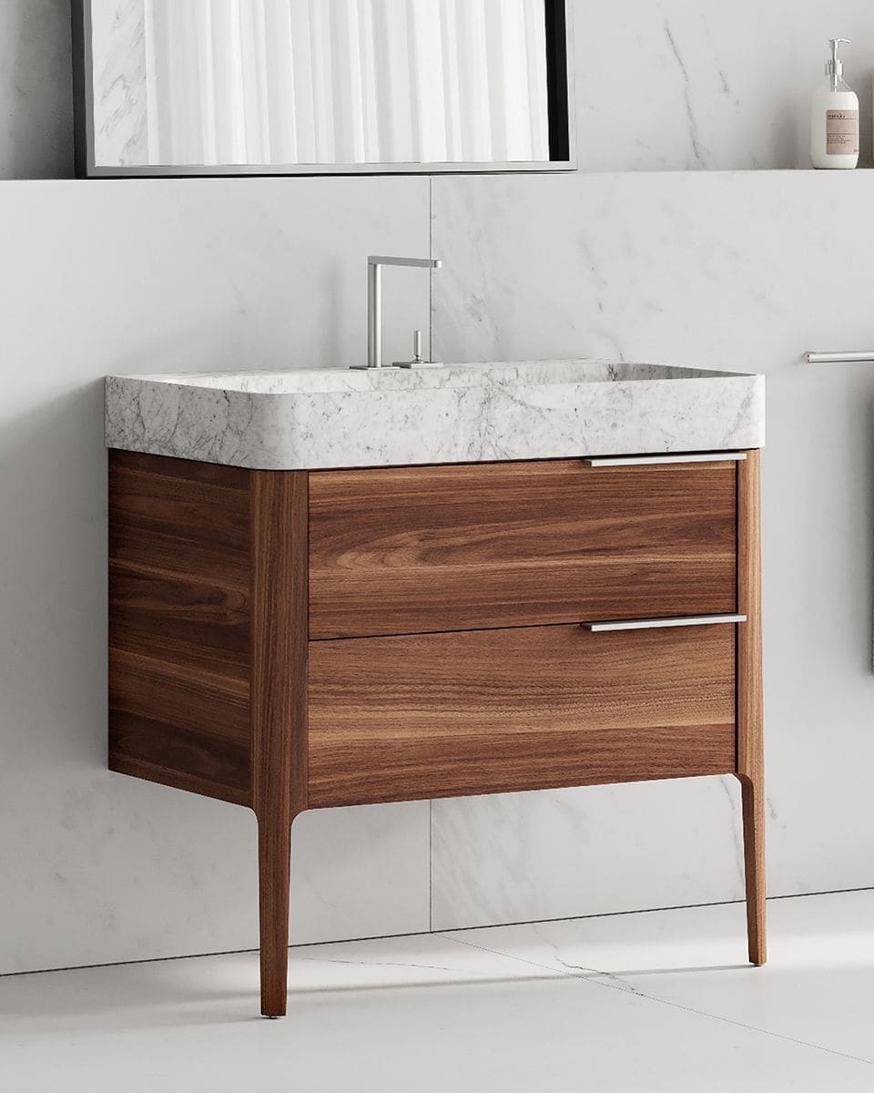 PHRA NANG washbasin in Carrara marble on a walnut cabinet