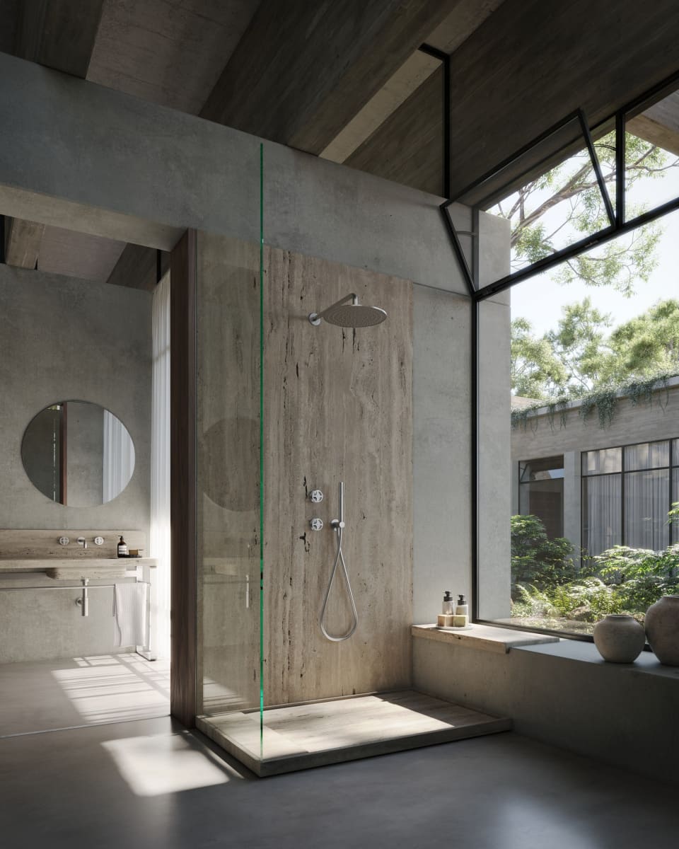 ESSAOUIRA stone shower tray below a travertine shower wall
